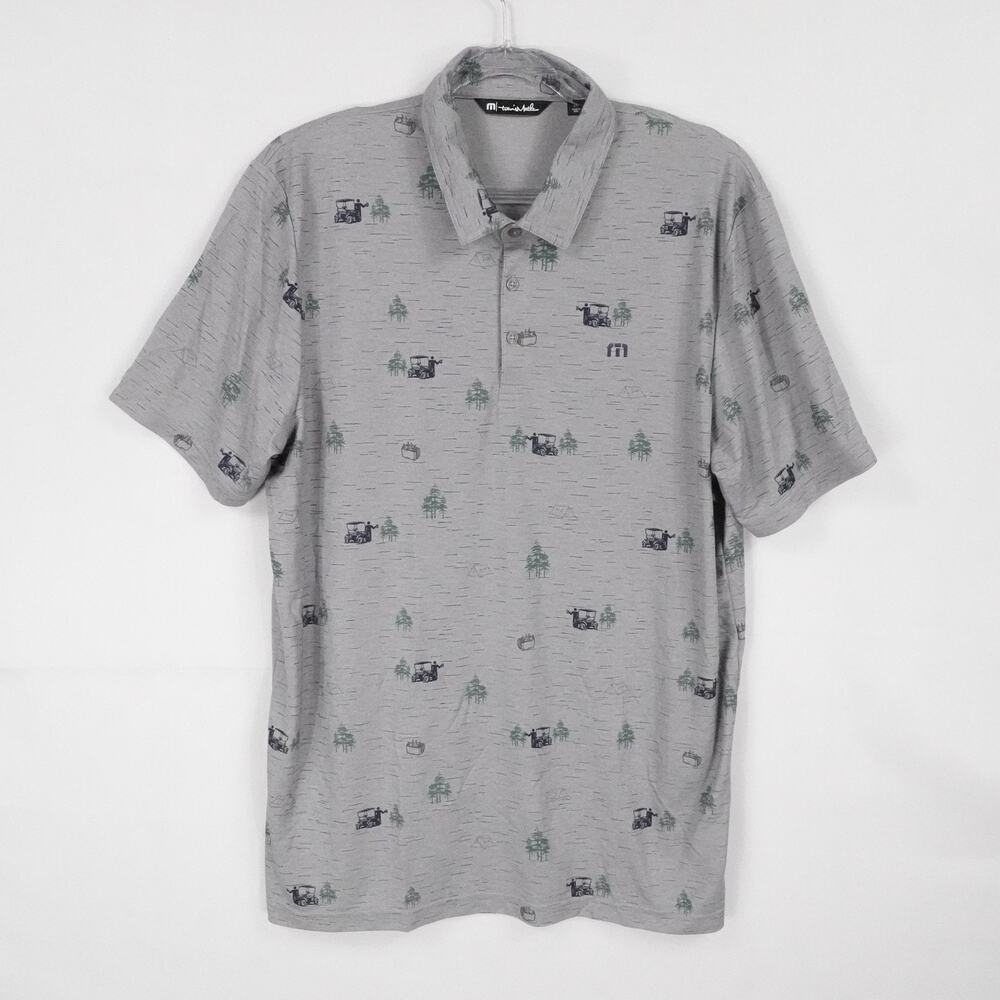 Travis Mathew Polo Shirt Mens‎ 2XL Gray Golf Cart Tree Print Performance Casual